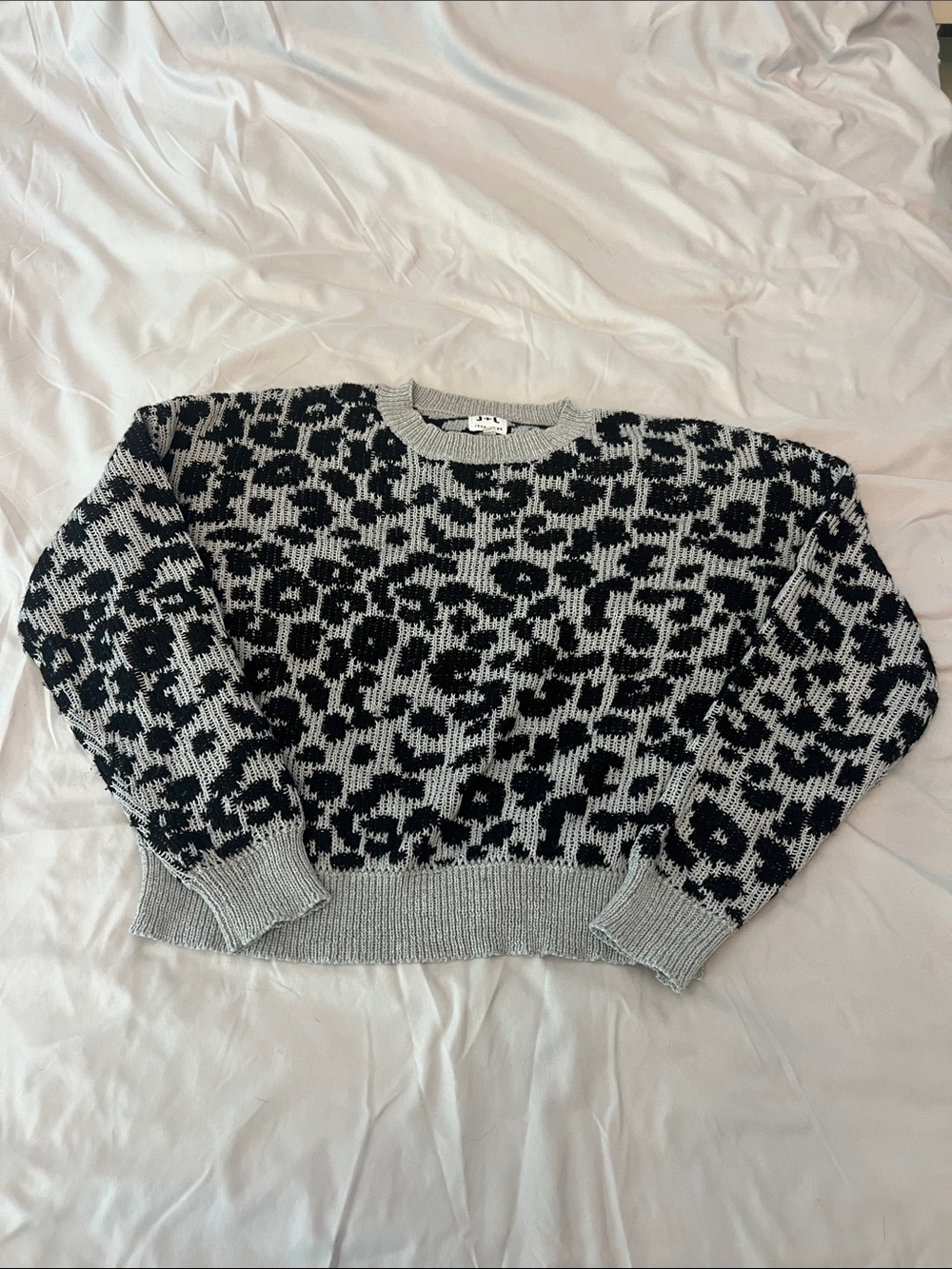 John + Jenn Gray and Black Leopard Crewneck Sweater